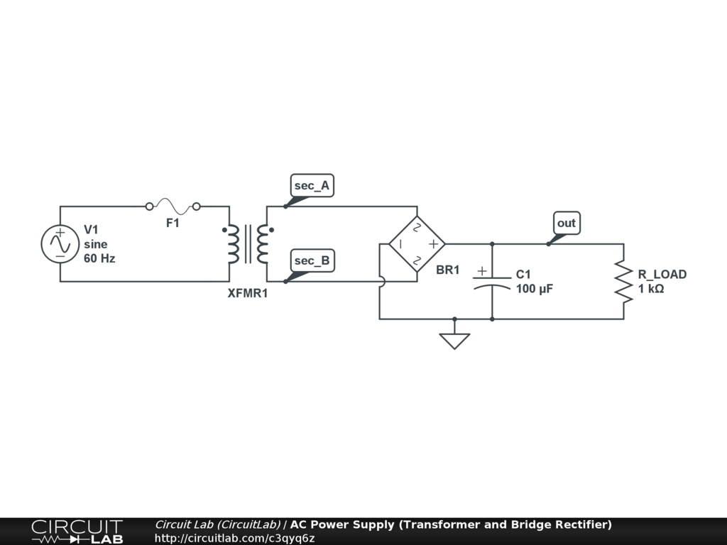 Bot grim dæk AC Power Supply (Transformer and Bridge Rectifier) - CircuitLab
