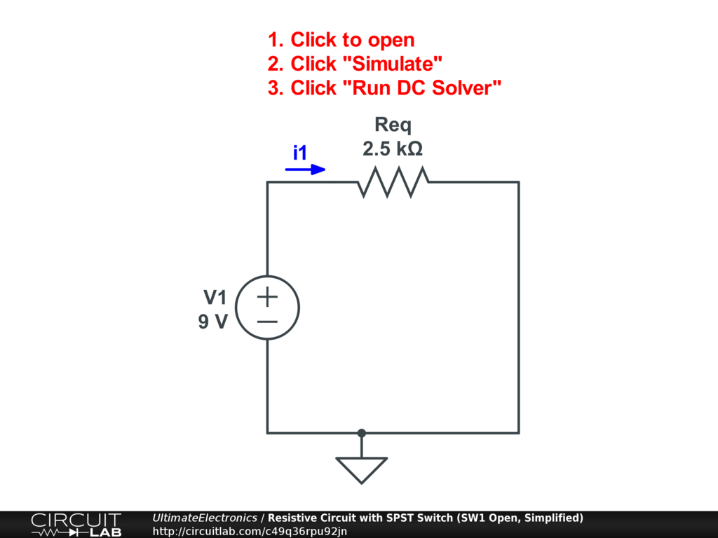 Resistive Circuit with SPST Switch (SW1 Open, Simplified)