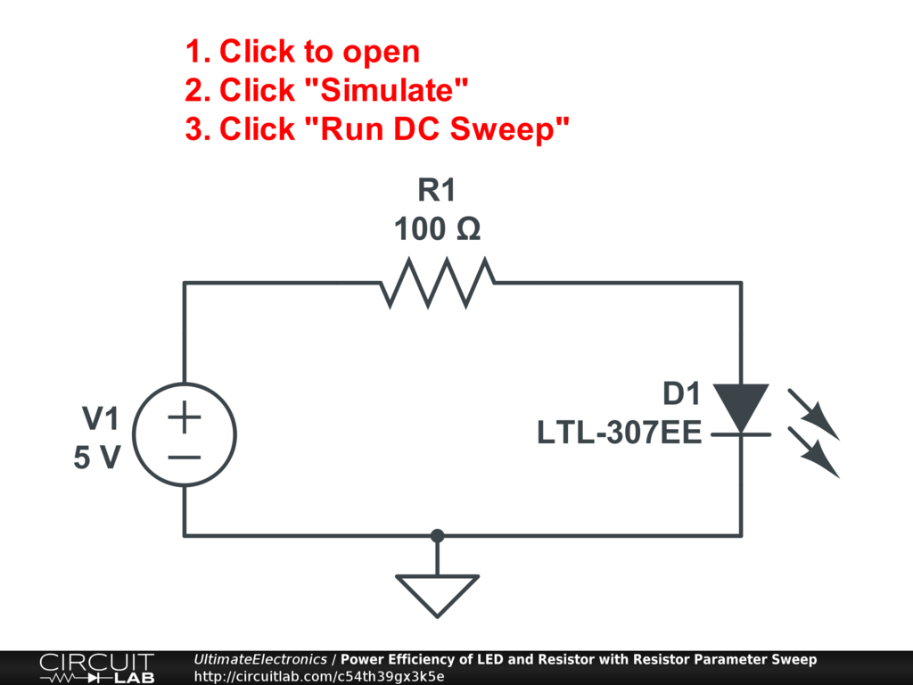 Power Efficiency of LED and Resistor with Resistor Parameter Sweep