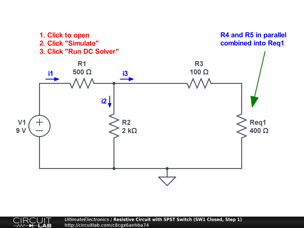 Resistive Circuit with SPST Switch (SW1 Closed, Step 1)