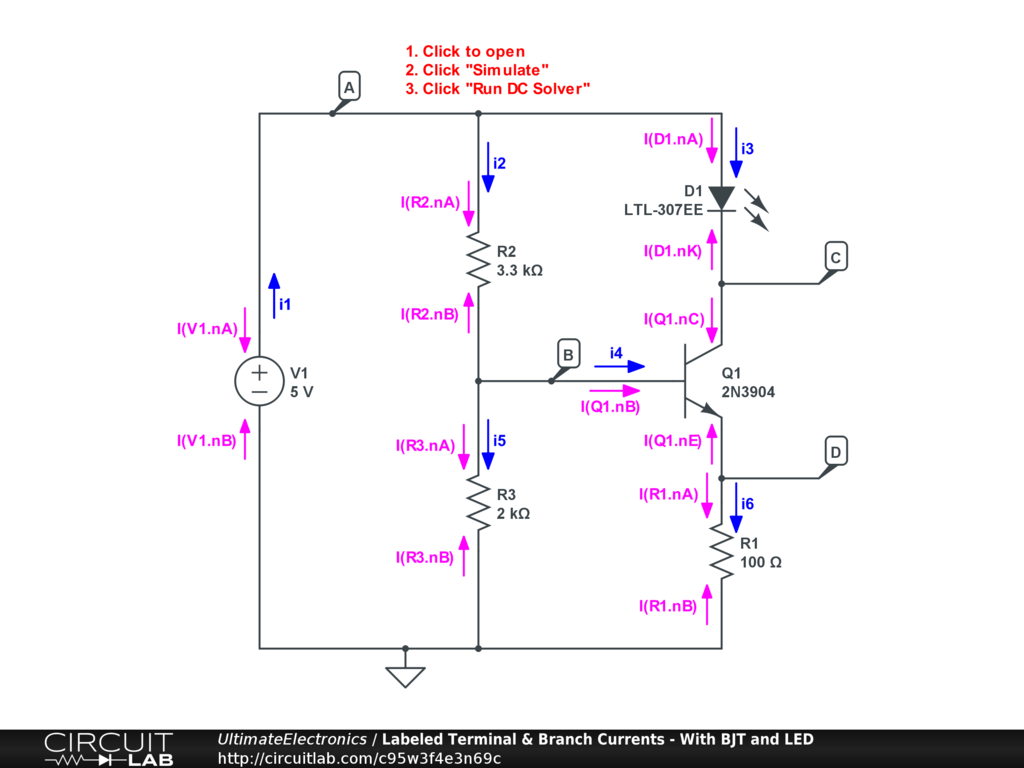 Labeled Terminal & Branch Currents - With BJT and LED