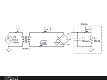 Rectificador de onda completa con puente de diodos, transformador de entrada y conensador de filtrado