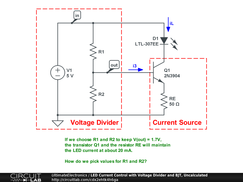 LED Current Control with Voltage Divider and BJT, Uncalculated