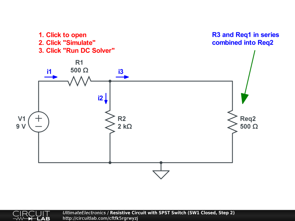 Resistive Circuit with SPST Switch (SW1 Closed, Step 2)