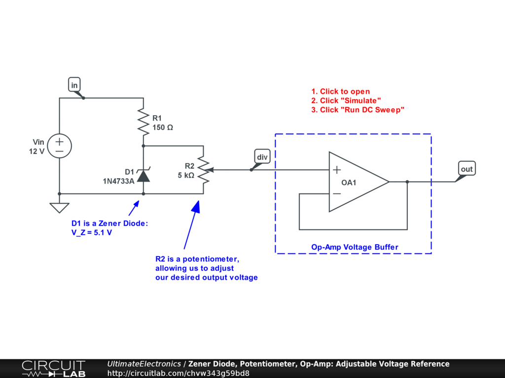 Zener Diode, Potentiometer,  Op-Amp: Adjustable Voltage Reference
