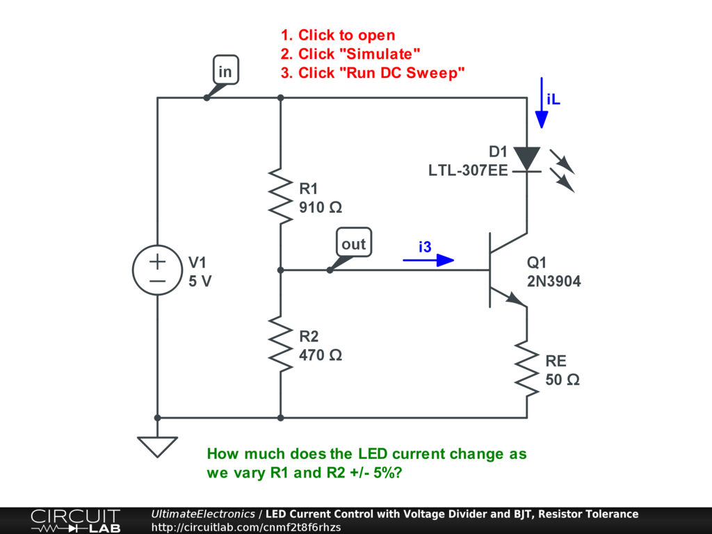 LED Current Control with Voltage Divider and BJT, Resistor Tolerance