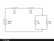 20V battery; with 2 and 3 ohm resister in series, in series with a 1 and 5 ohm parallel circuit.