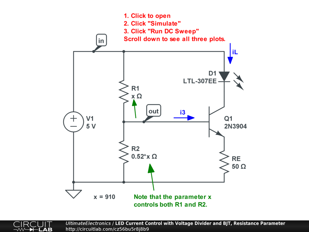 LED Current Control with Voltage Divider and BJT, Resistance Parameter